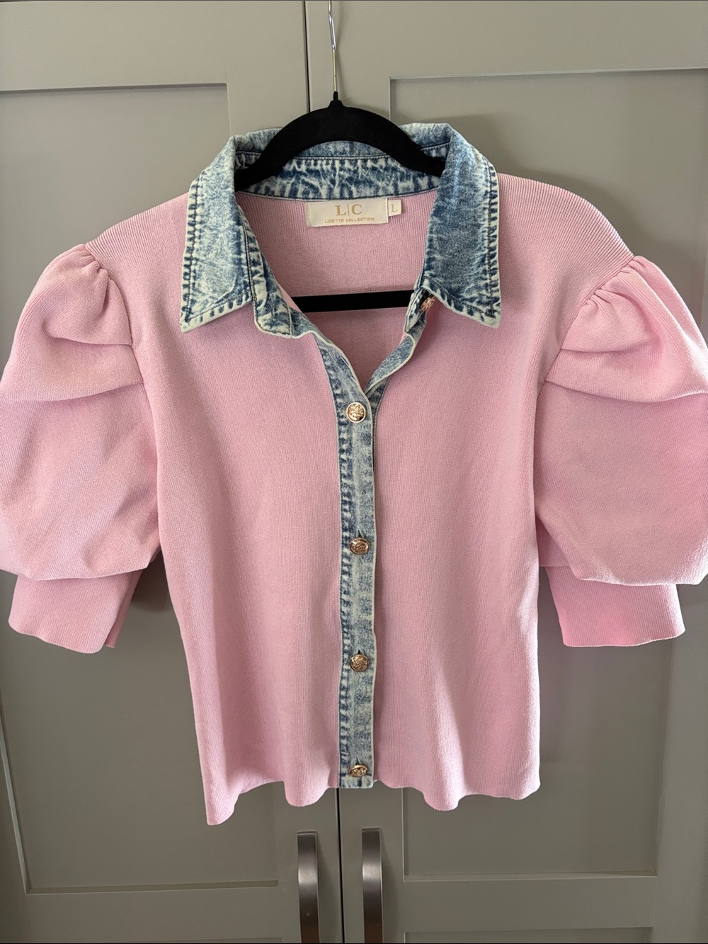 LIC Pink Puff Sleeve Top with Denim-Trim Collar